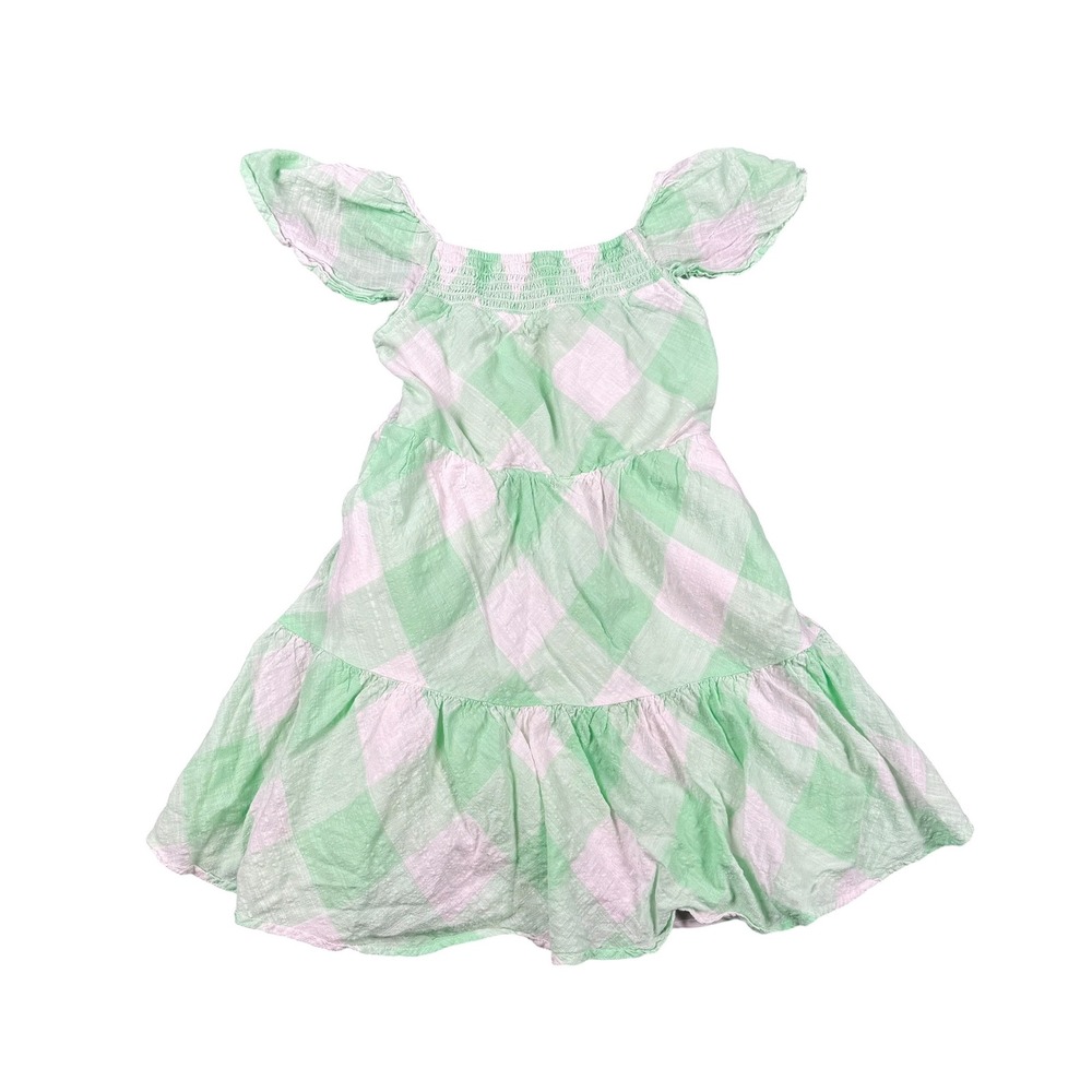 Cat & Jack Girls Green White Gingham Smocked Tiered Flutter Sleeve Dress Size M